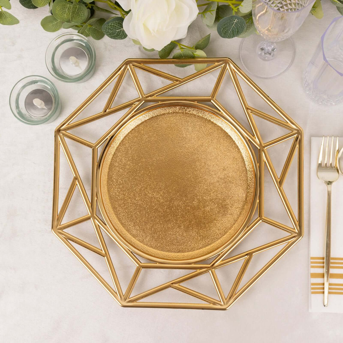 6-Pack Acrylic Charger Plates 13" Octagon Metallic Gold with Hollow Geometric Rim - Plastic Disposable Decorative Chargers
